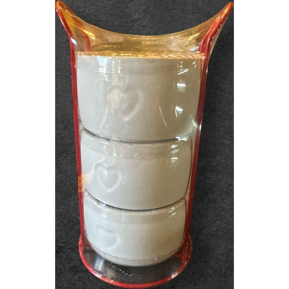 Set of 3 Dolomite Mini Snack Cups w/ Embossed Heart & Red 8.5" Storage Rack